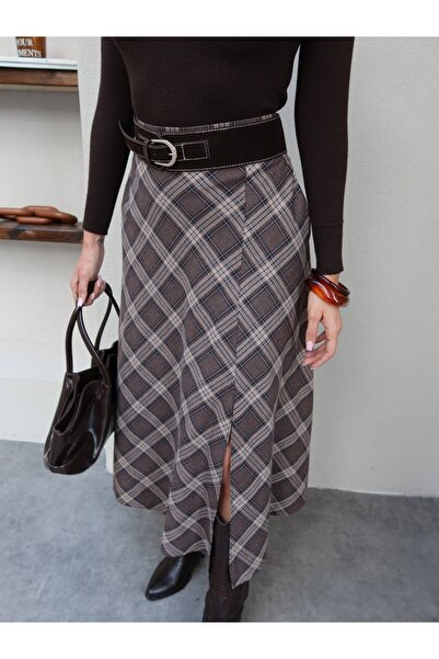 ESRAHELVACI Belted Plaid Long Skirt