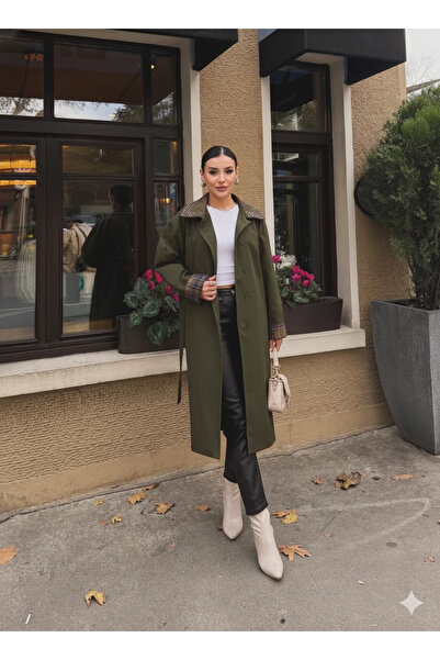 cemo Women's Long Trench Coat with Plaid Cuff Detail and Lace-Up Belt