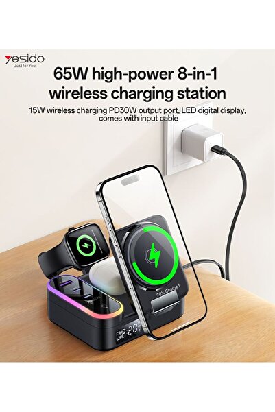 Yesido 8 in 1 Charging Station 65W Wireless Charger RGB Clock PD 30W QC 18W Fast Charge Hub for Phone