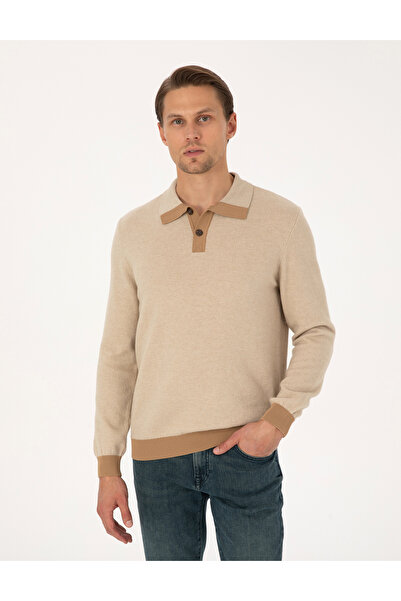 Pierre Cardin Bej Regular Fit %100 Yün Polo Yaka Düğmeli Triko Kazak 50315761...