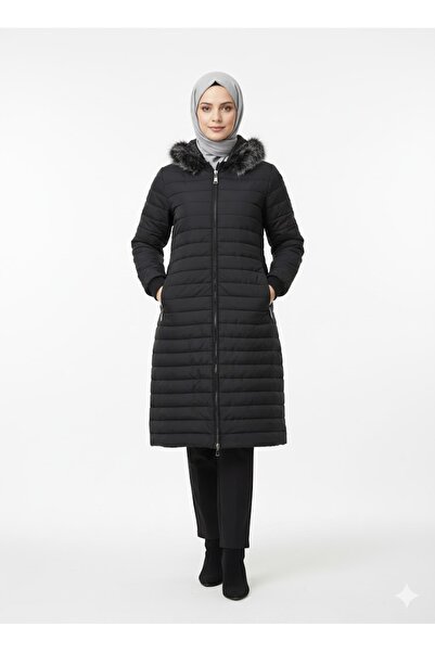 QUBERZ Women's Quilted Long Coat Hooded with Fur Detail – Black