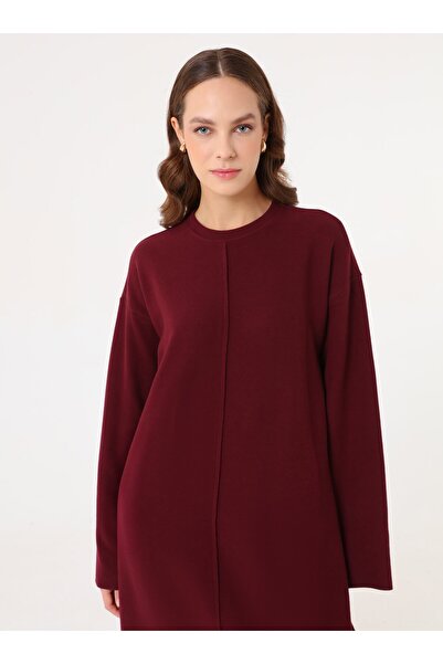 Benin Soft Buttoned Stitching Detailed Hijab Dress - Burgundy -