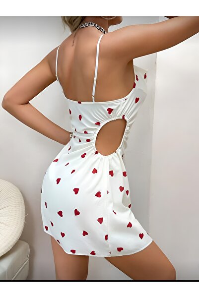 MOR SUBVAY Kadın Beyaz Kalp Baskılı Bürümcük Şık Elbise Takımı