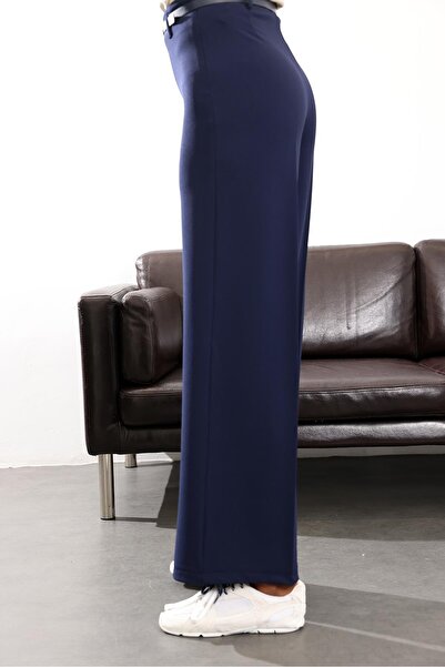 5in1Canpolat Navy Blue Belted Stretch Fabric Palazzo Pants 9150