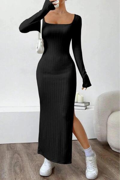 Wear Up Women's Trend U-Neck Slit Long Sleeve Thick Twill Dress