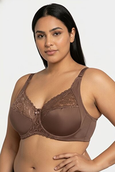 enmodaiçgiyim Καφέ Σουτιέν Μεγάλου Μεγέθους C Balconette Lace εφέ σύσφιξης – Πλήρης κάλυψη, Υψηλή Στήριξη, Φαρδύ λουράκι