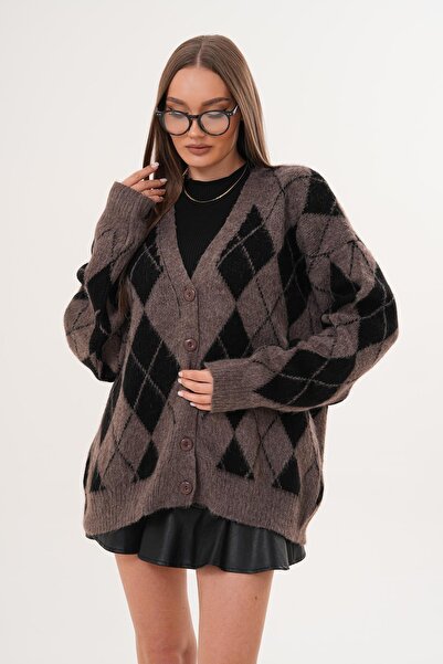 ŞİMAL Women's Diamond Pattern Button Closure Knitwear Knitted Cardigan 255443 -