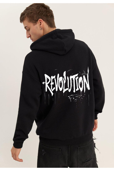 Rivox سويت شيرت رجالي أسود بغطاء رأس قصة فضفاضة Revolution مطبوع