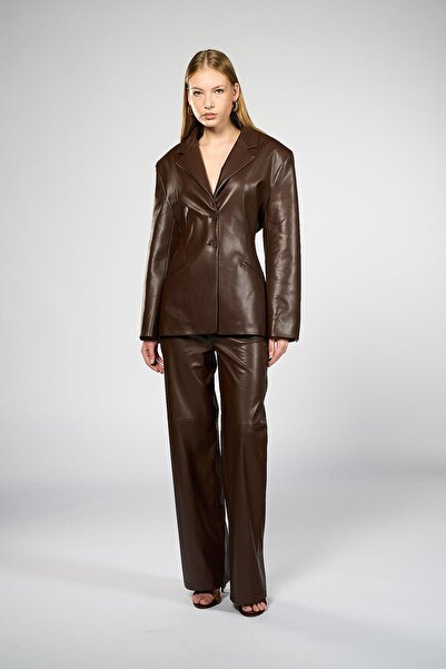 Thalure Kadın Kahverengi Bele Oturan Deri Blazer Ceket