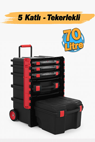 Badem10 Tekerlekli 5 Katlı Taşınabilir 70 Litre Organizer Bölmeli Kulplu Kili...