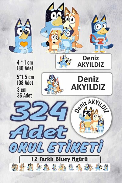 Vice isim Baskılı Defter Kalem Okul Etiketi (324 Adet Bluey Temalı Etiket )
