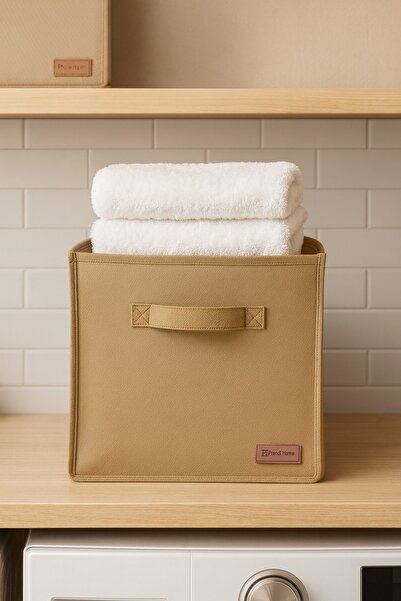 PH Prendi Home 2`li Bej Saklama Kutusu 28x28x28 Dekoratif Kulplu Organizer Dolap İçi Çamaşır Oyuncak Düzenleyici