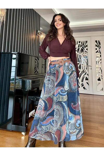 Atelier Derin Μπλε καφέ φούστα σιφόν με ζώνη