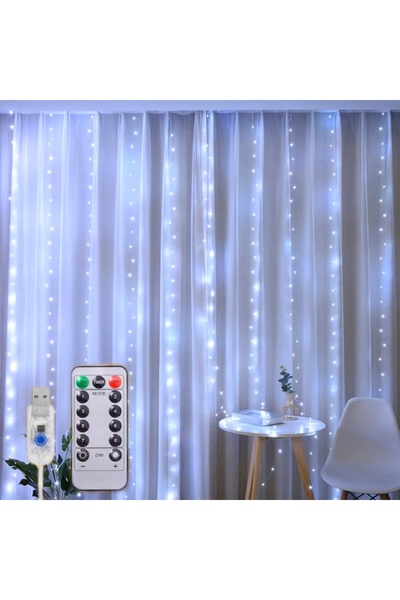EMATTEIRO Instalație de Crăciun Tip Perdea 3x3m, 300 LED, USB, 8 Moduri, Telecomandă, Alb Rece
