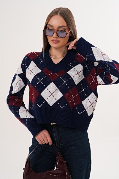 ŞİMAL Women's V-Neck Baklava Pattern Knitwear Knitted Sweater 255189 -