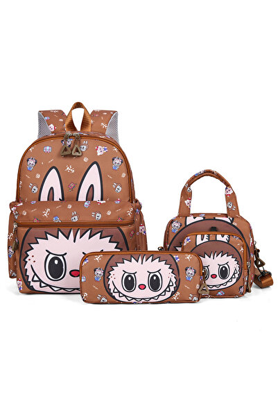 NO BRAND Labubu Kids Backpack, Large Capacity, 4-Piece Set, 26x12x34cm, Brown