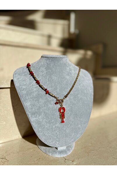 Gigi Kırmızı mercan ve jasper taşından oluşan ıstakoz tasarım kolye