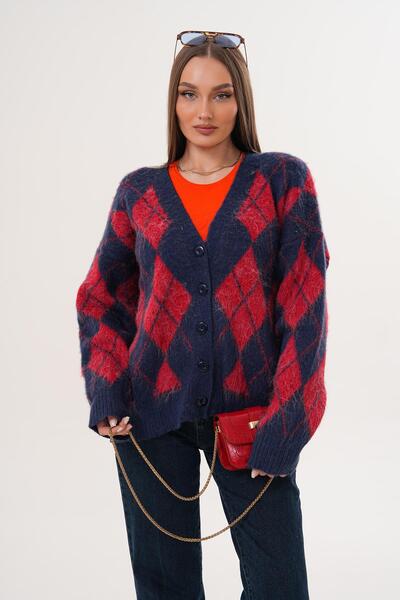 ŞİMAL Women's Diamond Pattern Button Closure Knitwear Knitted Cardigan 255443 -