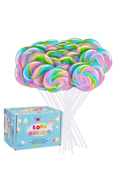 EORA مصاصات قوس قزح ملتوية ودوارة، عبوة من 32 قطعة - بنكهة التوت الأزرق، مغلف...