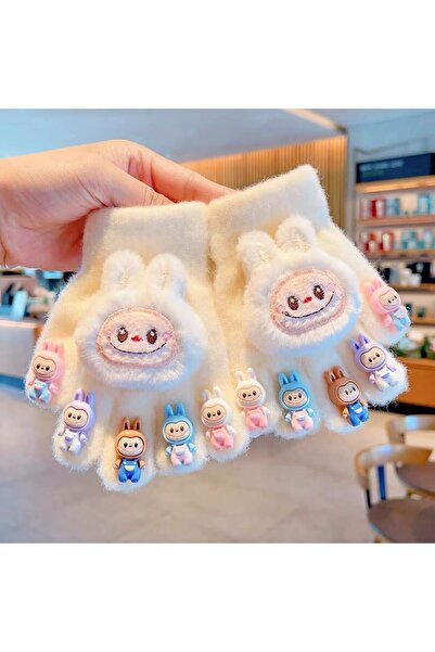 NO BRAND Labubu children's gloves, warm, white, suitable for children aged 3-...