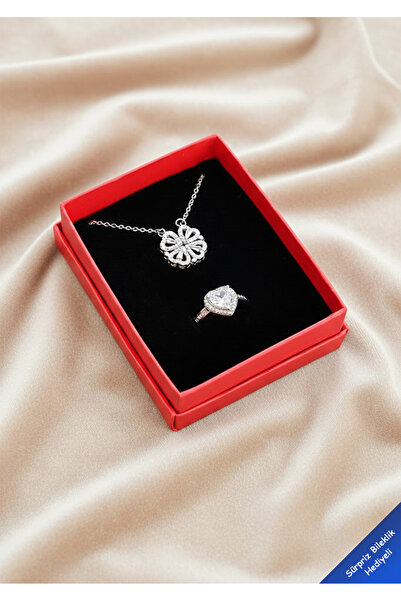 Si moda Zirkon Taşlı Yonca Kolye & Kalp Yüzük Şık Takı Seti