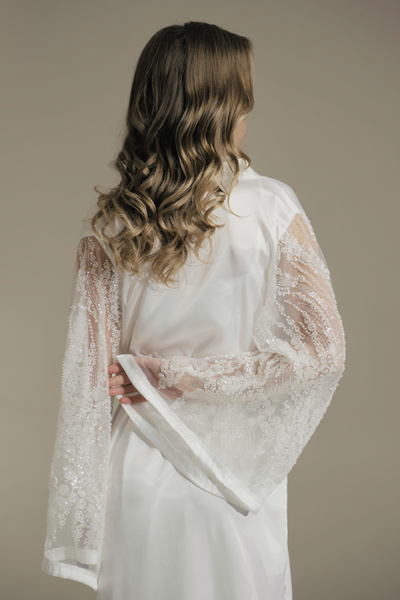 Mita Concept White Satin Bat Sleeve Kimono with Stone Details