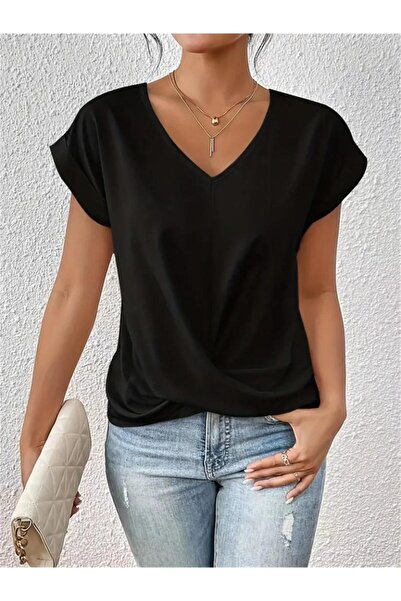 GENCULUS Women's Short Sleeve V Neck Front Cross Snap Detail Viscose Blouse