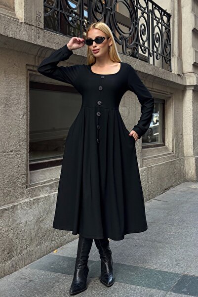 VAGGON Women's Black Button Detailed Round Neck Pleated Ottoman Dress Vs01649