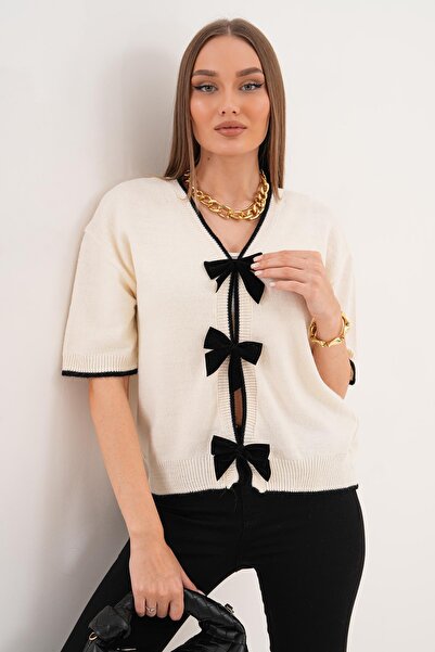 ŞİMAL Women's Bow Detailed Knitwear Knitted Short Sleeve Sweater 255179 -