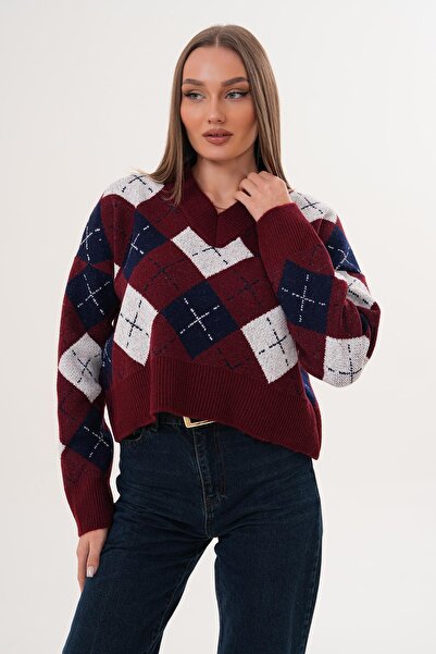 ŞİMAL Women's V-Neck Baklava Pattern Knitwear Knitted Sweater 255189 -