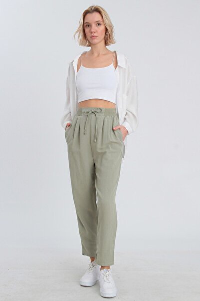 My Blog Khaki Elastic Pleated Trousers with Belt Detail - 50826