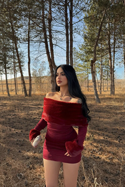 MOZENA Yakası Suni Kürklü Madonna Yaka Mini Dalgıç Elbise