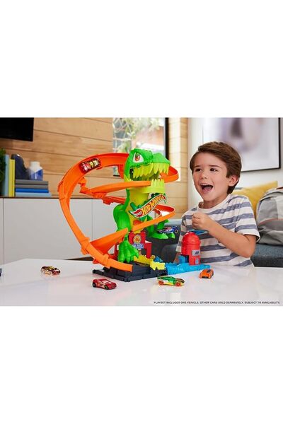 HOT WHEELS Diecast City T-Rex Blaze Battle Playset 1:64 Scale Dinosaur Nemesis