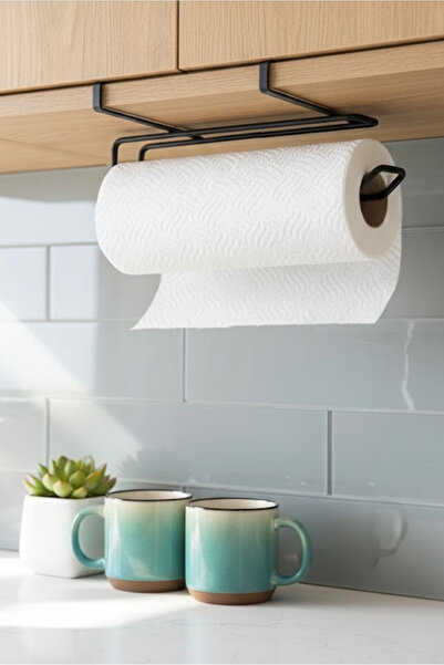 Orvila Black Metal under Cabinet Hanging Paper Towel Holder - No Drilling Required Kitchen Organizer Roll Holder