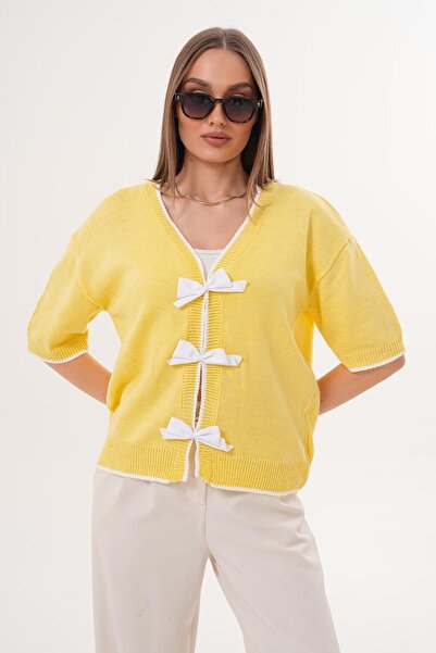 ŞİMAL Women's Bow Detailed Knitwear Knitted Short Sleeve Sweater 255179 -