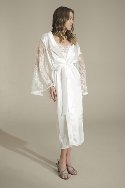 Mita Concept White Satin Bat Sleeve Kimono with Stone Details