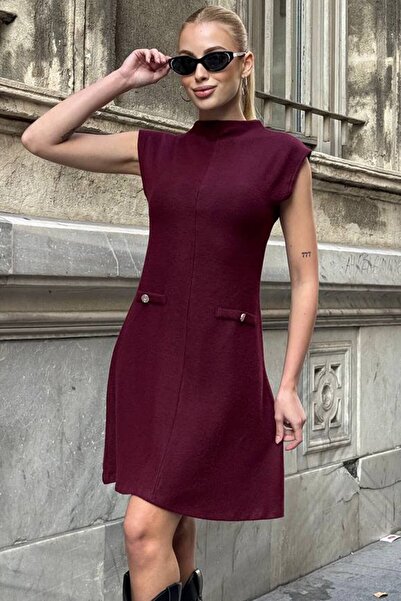 VAGGON Women's Burgundy Pocket Detailed Sleeveless Mini Knitwear Dress Vs01650