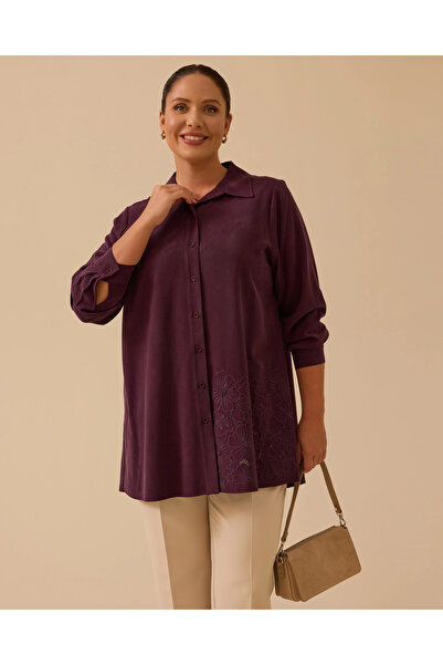 Gala-Xi Büyük Beden Çiçek İşlemeli Düğmeli Tunik