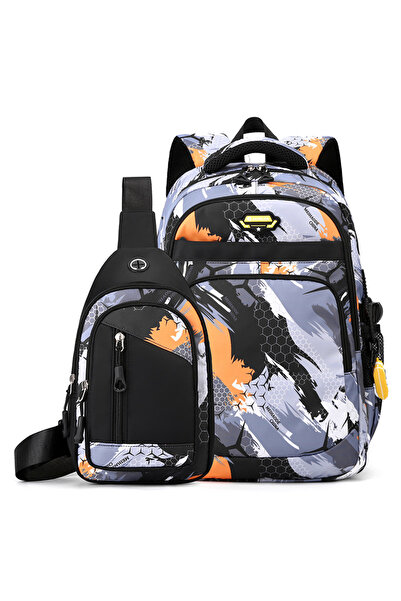 NO BRAND Men's Backpack Set (Backpack + Chest Bag), Large Capacity, Orange, 3...