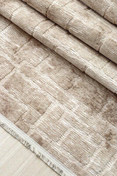 SoftNest Stan aksu Saçaklı Kaymaz Tabanlı Kesme Kabartmalı Salon Koridor Mutfak Yıkanabilir Hali bej