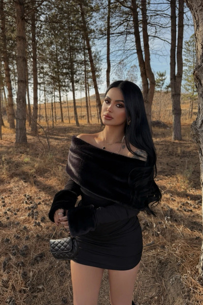 MOZENA Yakası Suni Kürklü Madonna Yaka Mini Dalgıç Elbise