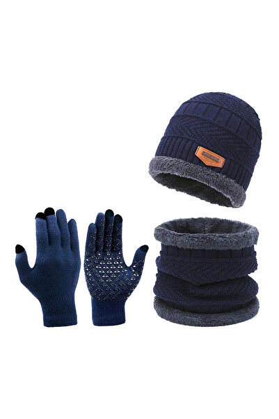 NO BRAND Winter Fleece-Lined Hat, Scarf, and Glove Set, Navy Blue