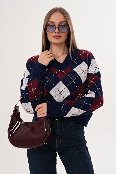 ŞİMAL Women's V-Neck Baklava Pattern Knitwear Knitted Sweater 255189 -