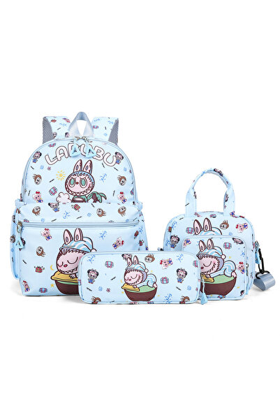 NO BRAND Labubu Kids Backpack, Large Capacity, 4-Piece Set, 26x12x34cm, Blue