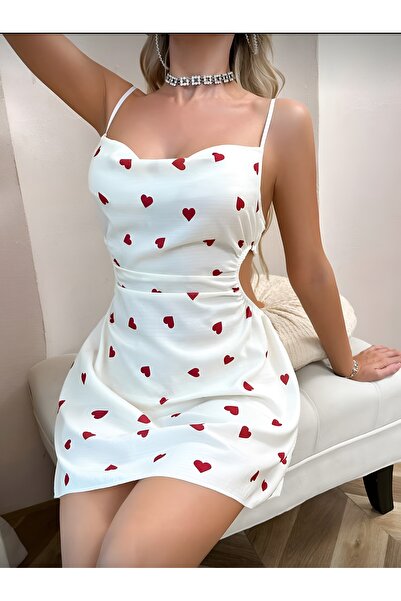 Blizard Kadın Beyaz Kalp Baskılı Bürümcük İç Çamaşır Takımı Tanga Hediyeli