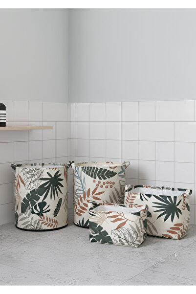 HomyJRs 2-Piece Leaf Patterned Cylinder and Rectangular Large Size Storage Box with Lid 40X50X30Cm Basket 37X40Cm