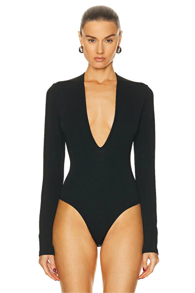 bysoca Γυναικείο μαύρο κορμάκι με βαθύ λαιμόκοψη σε σχήμα V, μακρυμάνικο, με ...