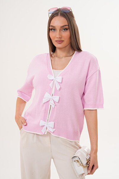 ŞİMAL Women's Bow Detailed Knitwear Knitted Short Sleeve Sweater 255179 -