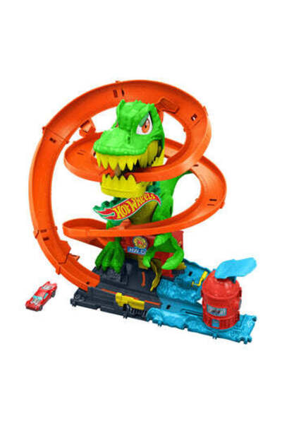 HOT WHEELS City T-Rex Blaze Battle Playset & 1:64 Scale Die-Cast Car, Dinosaur Nemesis