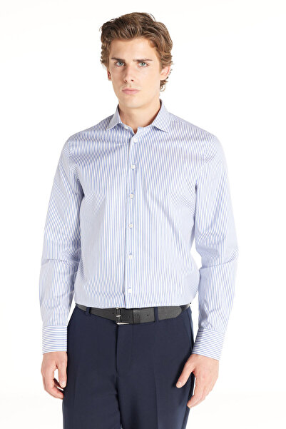 Ted Baker MAVİ PAMUK ÇİZGİLİ SLİM FİT KLASİK GÖMLEK
